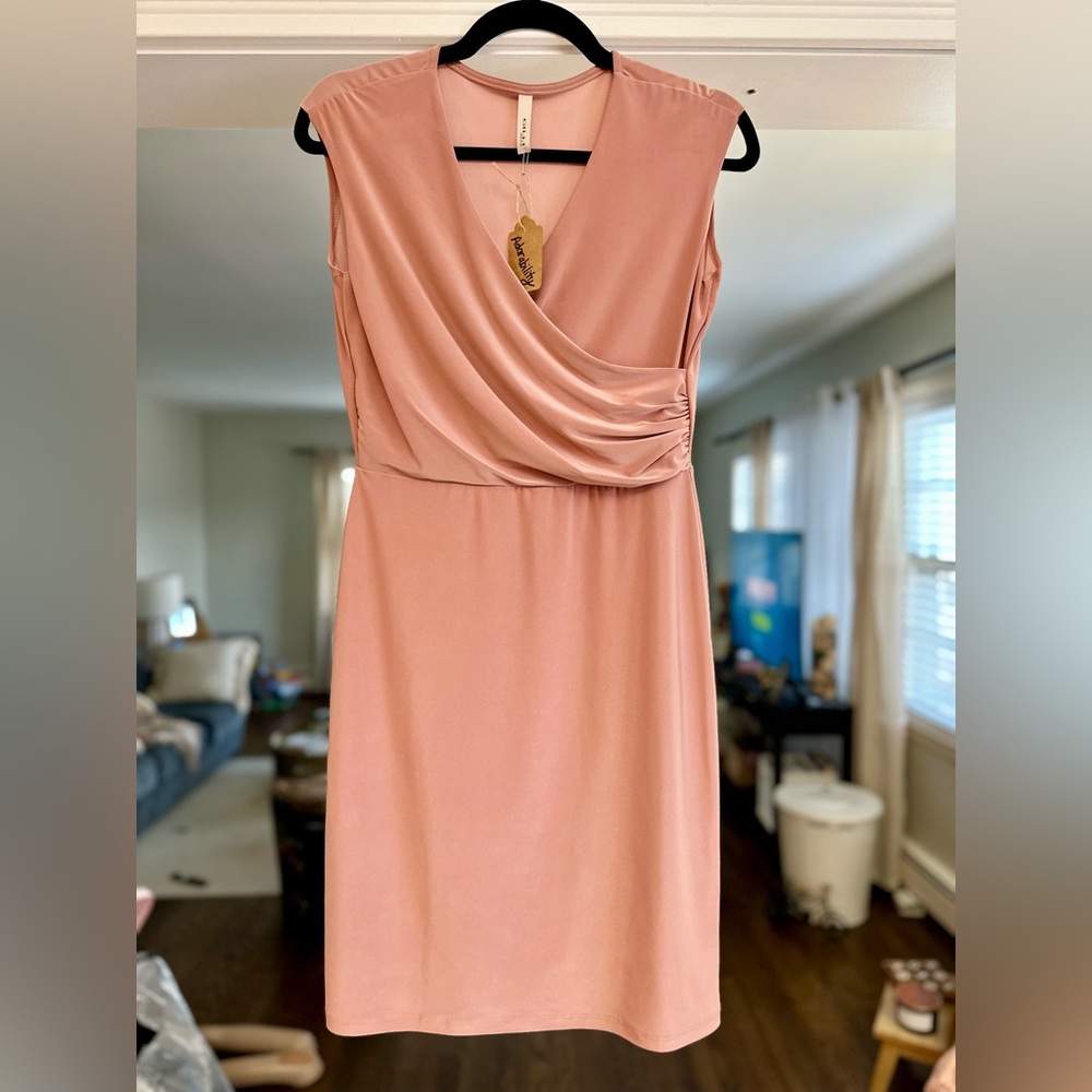 Chic Blush Pink Midi Dress | Draped Neck | Sleeveless | Any Occasion ✨